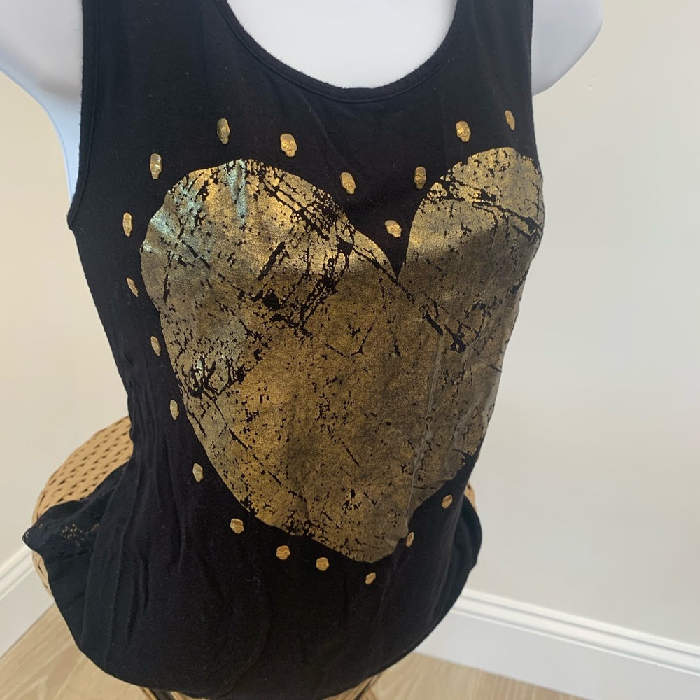 Ginger G Black Tank sleeveless tee with Gold Metallic Heart lace back shirt